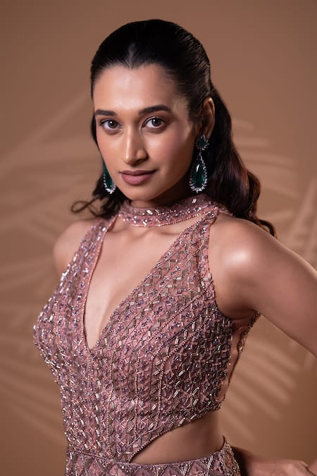 Jiya by Veer Design Studio_Mauve Beads, Metallic Thread V-, Choker Glimmer Draped Gown _at_Aza_Fashions