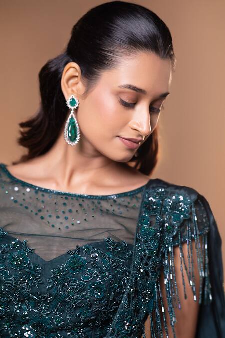 Buy Jiya by Veer Design Studio Emerald Green Satin Sequins, Beads, Fringe Boat Teal Draped Skirt And Blouse Set Online at Aza Fashions Buy_Jiya by Veer Design Studio_Emerald Green Satin Sequins, Beads, Fringe Boat Teal Draped Skirt And Blouse Set _Online_at_Aza_Fashions