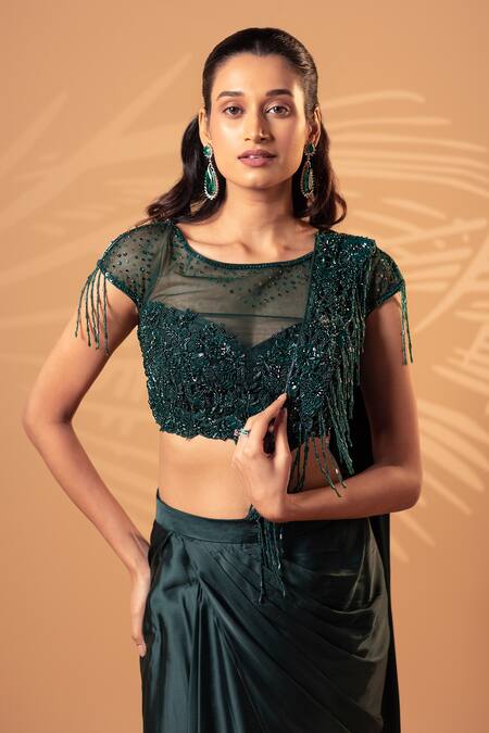 Shop Jiya by Veer Design Studio Emerald Green Satin Sequins, Beads, Fringe Boat Teal Draped Skirt And Blouse Set Online at Aza Fashions Shop_Jiya by Veer Design Studio_Emerald Green Satin Sequins, Beads, Fringe Boat Teal Draped Skirt And Blouse Set _Online_at_Aza_Fashions