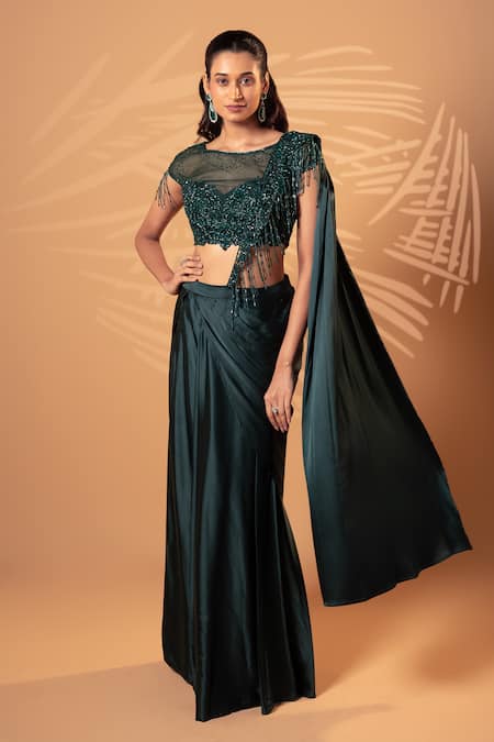 Jiya by Veer Design Studio Teal Sequin Fringe Draped Skirt & Blouse Set 