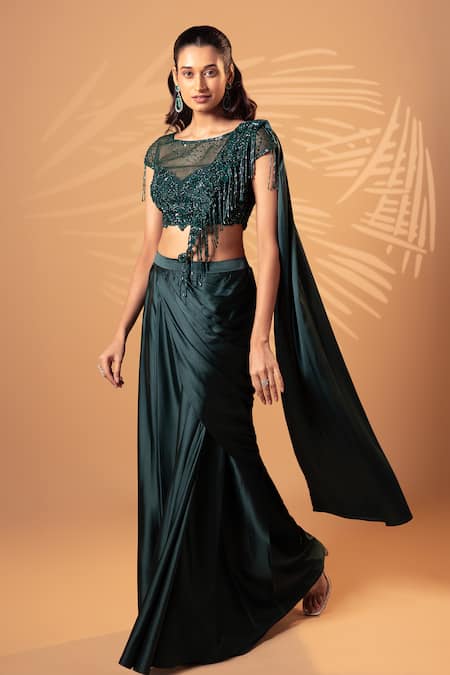 Jiya by Veer Design Studio Teal Sequin Fringe Draped Skirt & Blouse Set 