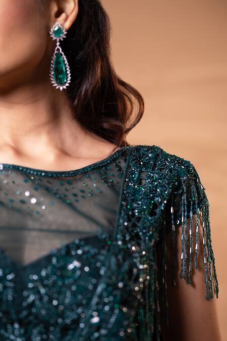 Jiya by Veer Design Studio Emerald Green Satin Sequins, Beads, Fringe Boat Teal Draped Skirt And Blouse Set at Aza Fashions Jiya by Veer Design Studio_Emerald Green Satin Sequins, Beads, Fringe Boat Teal Draped Skirt And Blouse Set _at_Aza_Fashions