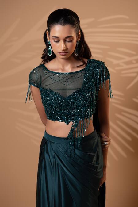 Buy Jiya by Veer Design Studio Emerald Green Satin Sequins, Beads, Fringe Boat Teal Draped Skirt And Blouse Set Buy_Jiya by Veer Design Studio_Emerald Green Satin Sequins, Beads, Fringe Boat Teal Draped Skirt And Blouse Set