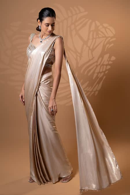 Buy_Jiya by Veer Design Studio_Gold Sequins, Beads, Embroidery Sweetheart Shimmer Pre-draped Saree With Blouse _Online_at_Aza_Fashions