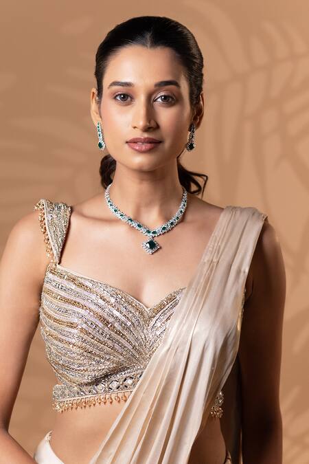 Shop_Jiya by Veer Design Studio_Gold Sequins, Beads, Embroidery Sweetheart Shimmer Pre-draped Saree With Blouse _Online_at_Aza_Fashions