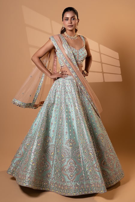 Buy_Jiya by Veer Design Studio_Green Silk, Net Sequins, Beads, Embroidery Sweetheart Neck Lehenga Set _Online_at_Aza_Fashions