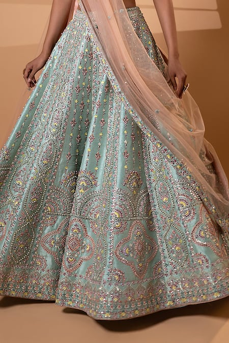 Shop_Jiya by Veer Design Studio_Green Silk, Net Sequins, Beads, Embroidery Sweetheart Neck Lehenga Set _Online_at_Aza_Fashions