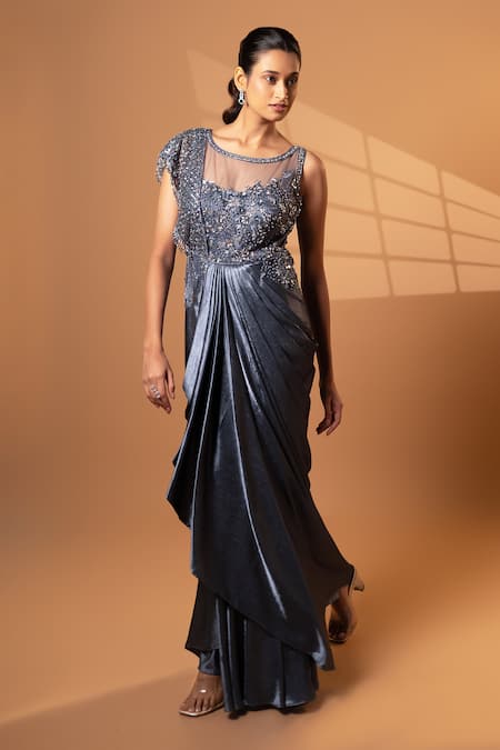 Jiya by Veer Design Studio Charcoal Grey Cape Draped Gown 