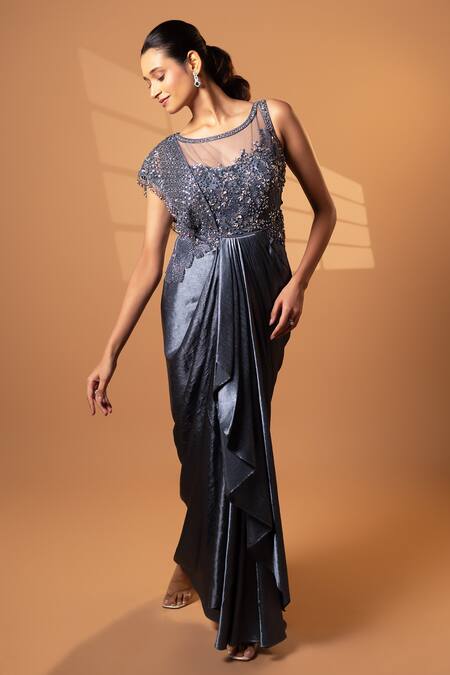 Jiya by Veer Design Studio_Charcoal Lycra Beads, Sequins Round Neck Grey Cape Draped Gown _Online_at_Aza_Fashions