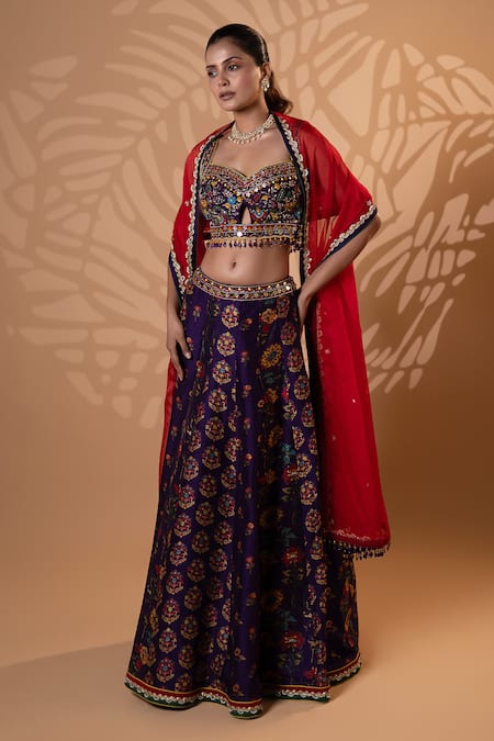 Buy_Jiya by Veer Design Studio_Purple Silk Embroidery, Mirrors, Beads, Tassels, Sequins Floral Lehenga Set _Online_at_Aza_Fashions