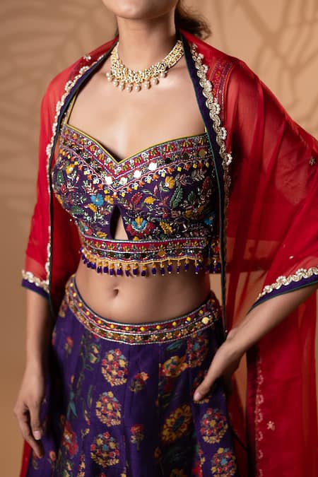 Shop_Jiya by Veer Design Studio_Purple Silk Embroidery, Mirrors, Beads, Tassels, Sequins Floral Lehenga Set _Online_at_Aza_Fashions