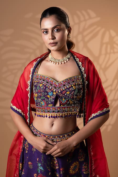 Jiya by Veer Design Studio_Purple Silk Embroidery, Mirrors, Beads, Tassels, Sequins Floral Lehenga Set _at_Aza_Fashions