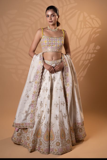 Jiya by Veer Design Studio_Pink Tissue Sequins, Embroidery, Tassels, Stones Square Neck Bridal Lehenga Set _Online_at_Aza_Fashions