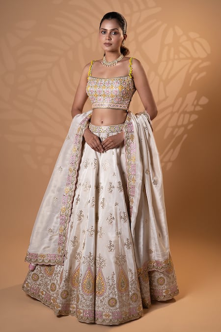 Buy_Jiya by Veer Design Studio_Pink Tissue Sequins, Embroidery, Tassels, Stones Square Neck Bridal Lehenga Set _Online_at_Aza_Fashions