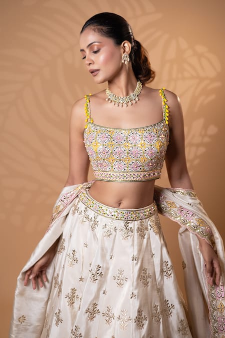 Shop_Jiya by Veer Design Studio_Pink Tissue Sequins, Embroidery, Tassels, Stones Square Neck Bridal Lehenga Set _Online_at_Aza_Fashions