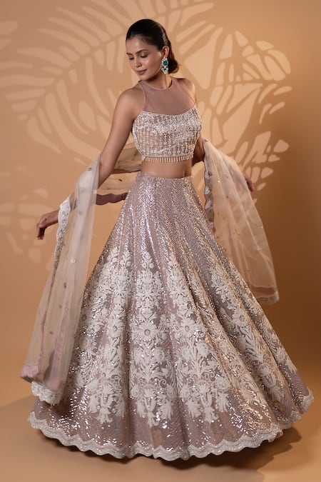 Buy_Jiya by Veer Design Studio_Pink Net Sequins, Beads, Embroidery Halter Neck, Keyhole Dusty Rose Lehenga Set _Online_at_Aza_Fashions