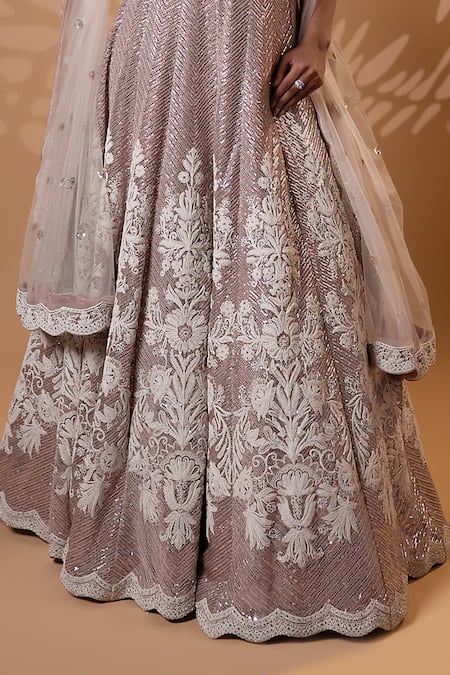 Jiya by Veer Design Studio_Pink Net Sequins, Beads, Embroidery Halter Neck, Keyhole Dusty Rose Lehenga Set _at_Aza_Fashions