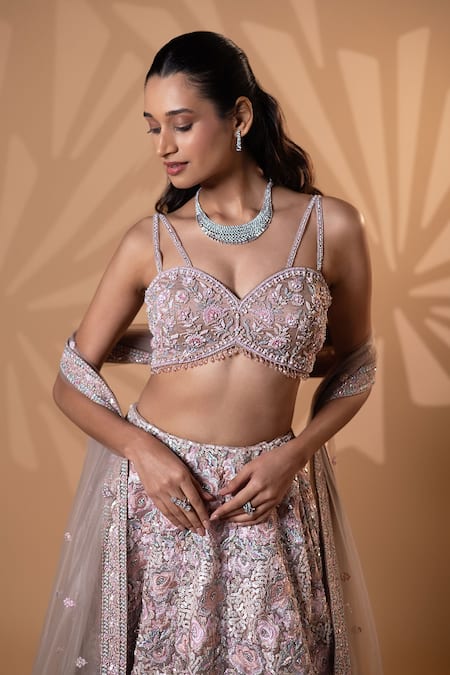 Jiya by Veer Design Studio_Blush Net Beads, Sequins, Embroidery, Metallic Thread Pink Lehenga Set _Online_at_Aza_Fashions