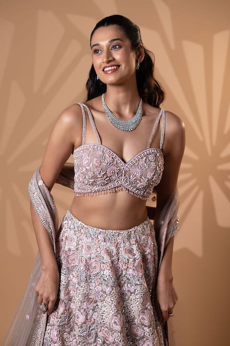 Buy_Jiya by Veer Design Studio_Blush Net Beads, Sequins, Embroidery, Metallic Thread Pink Lehenga Set _Online_at_Aza_Fashions
