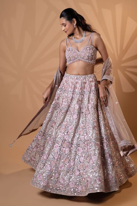 Shop_Jiya by Veer Design Studio_Blush Net Beads, Sequins, Embroidery, Metallic Thread Pink Lehenga Set _Online_at_Aza_Fashions