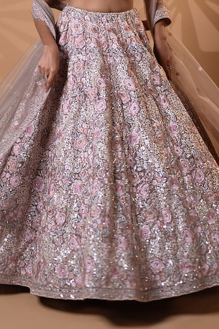 Jiya by Veer Design Studio_Blush Net Beads, Sequins, Embroidery, Metallic Thread Pink Lehenga Set _at_Aza_Fashions