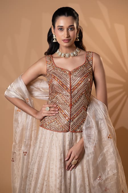 Buy_Jiya by Veer Design Studio_Rust Net Embroidery, Sequins, Beads Sweetheart Neck Blouse Lehenga Set 
