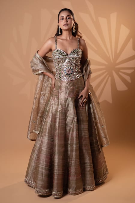 Jiya by Veer Design Studio Metallic Gold Mirror Work Lehenga Set 