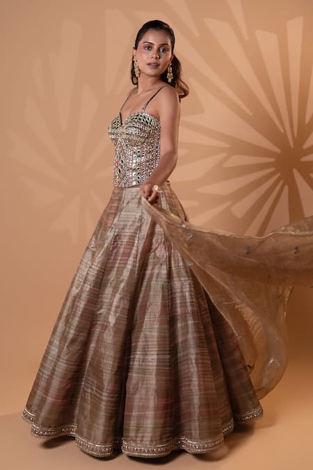 Shop_Jiya by Veer Design Studio_Gold Tissue Mirrors, Sequins, Zari Sweetheart Neck Metallic Work Lehenga Set _Online_at_Aza_Fashions