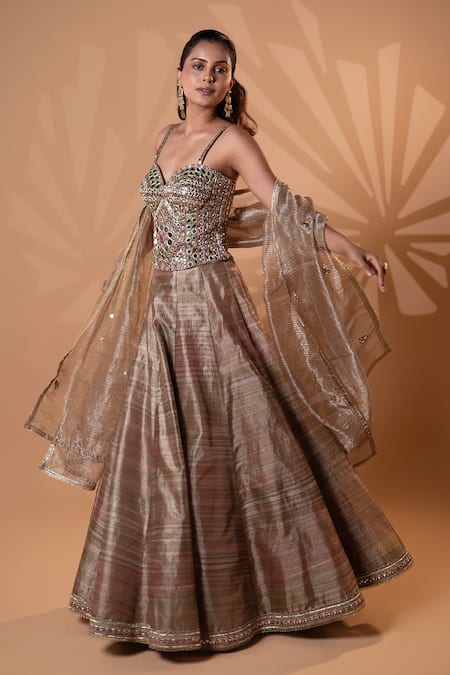 Jiya by Veer Design Studio Metallic Gold Mirror Work Lehenga Set 