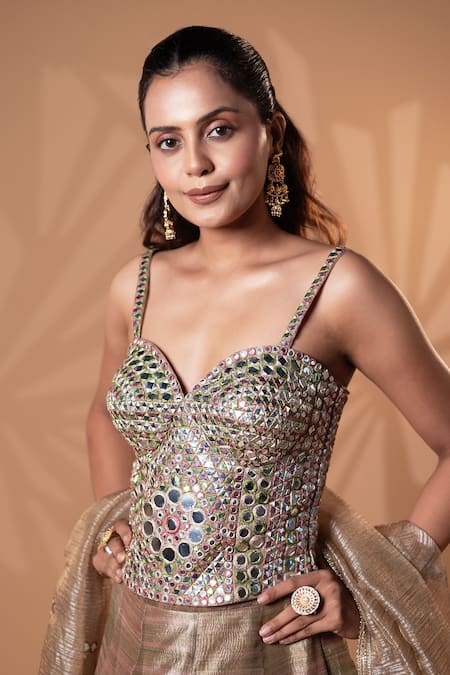 Jiya by Veer Design Studio_Gold Tissue Mirrors, Sequins, Zari Sweetheart Neck Metallic Work Lehenga Set _at_Aza_Fashions