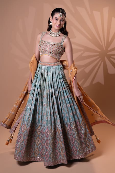 Jiya by Veer Design Studio_Peach Crinkle, Tissue Embroidery, Beads, Sequins, Tassels Pleated Lehenga Set _Online_at_Aza_Fashions