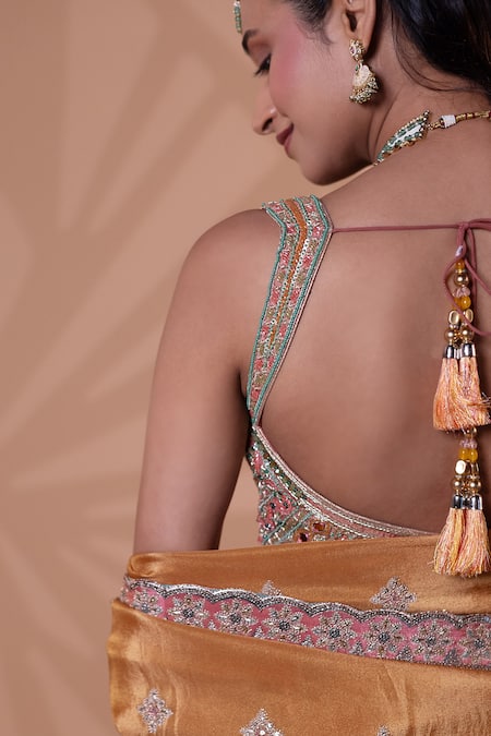 Buy_Jiya by Veer Design Studio_Peach Crinkle, Tissue Embroidery, Beads, Sequins, Tassels Pleated Lehenga Set _Online_at_Aza_Fashions