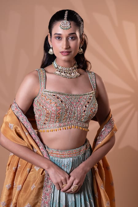 Shop_Jiya by Veer Design Studio_Peach Crinkle, Tissue Embroidery, Beads, Sequins, Tassels Pleated Lehenga Set _Online_at_Aza_Fashions
