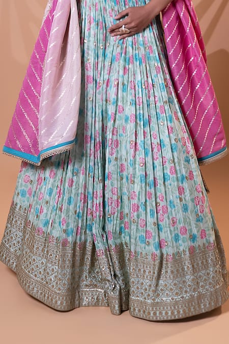 Shop_Jiya by Veer Design Studio_Off White Embroidery, Beads, Metallic Thread V-neck Printed Lehenga Set _Online_at_Aza_Fashions