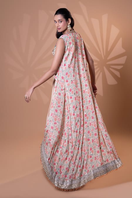 Jiya by Veer Design Studio Beige Printed Jacket Lehenga Set 