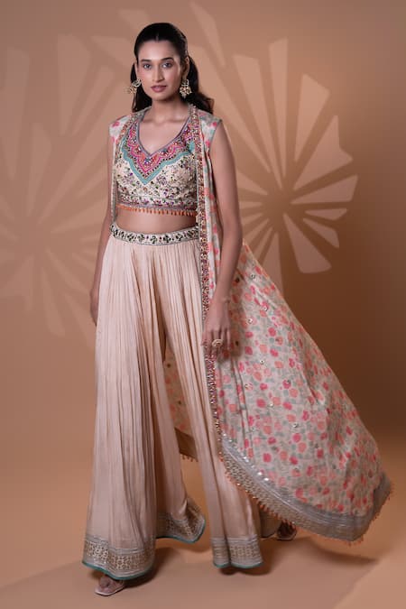 Jiya by Veer Design Studio Beige Printed Jacket Lehenga Set 