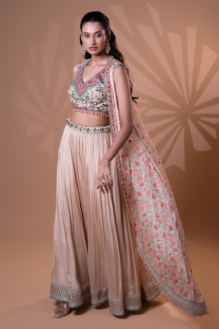 Jiya by Veer Design Studio_Cream Chiffon Sequins, Embroidery, Beads V-neck Beige Printed Jacket Lehenga Set _Online_at_Aza_Fashions