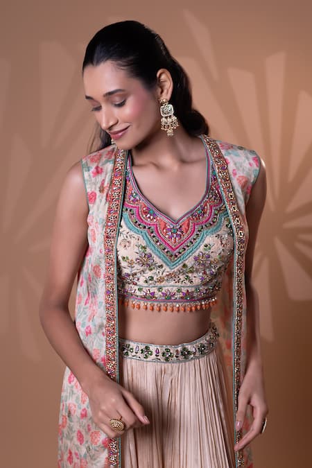 Buy_Jiya by Veer Design Studio_Cream Chiffon Sequins, Embroidery, Beads V-neck Beige Printed Jacket Lehenga Set _Online_at_Aza_Fashions