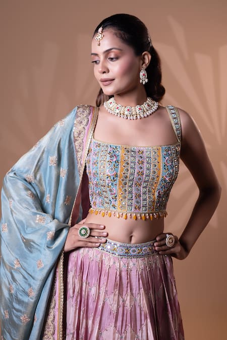 Buy_Jiya by Veer Design Studio_Blue Embroidery, Sequins, Beads, Zari Square Neck Geometric Lehenga Set _Online_at_Aza_Fashions