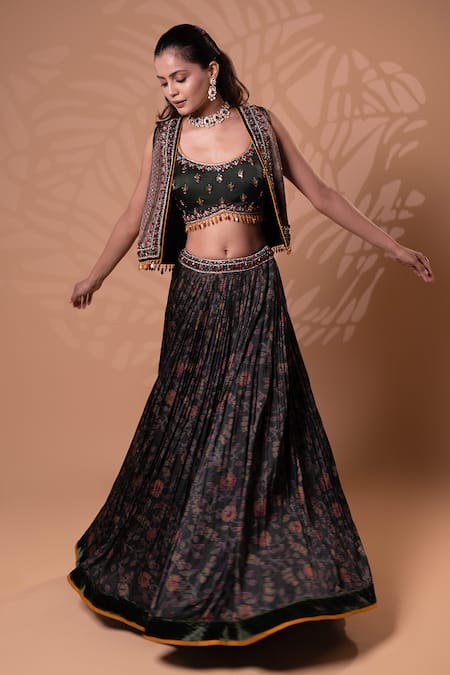 Buy_Jiya by Veer Design Studio_Olive Green Satin Embroidery, Tassels, Beads Scoop Printed Jacket Lehenga Set _Online_at_Aza_Fashions
