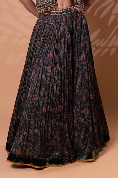 Shop_Jiya by Veer Design Studio_Olive Green Satin Embroidery, Tassels, Beads Scoop Printed Jacket Lehenga Set _Online_at_Aza_Fashions