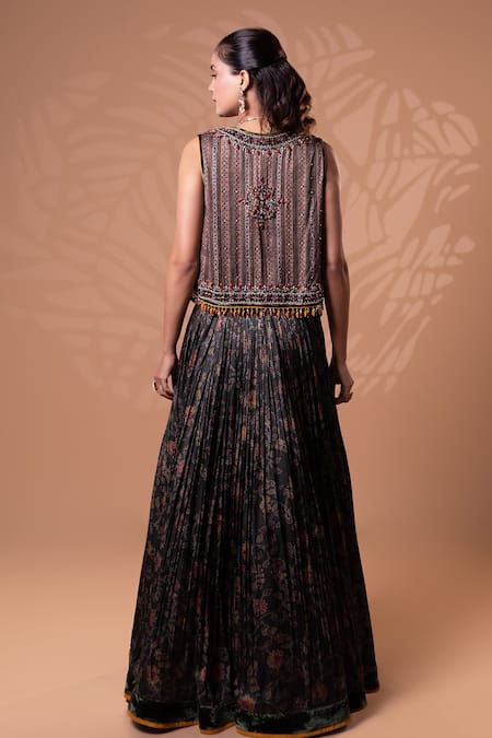 Jiya by Veer Design Studio Olive Green Printed Jacket Lehenga Set 