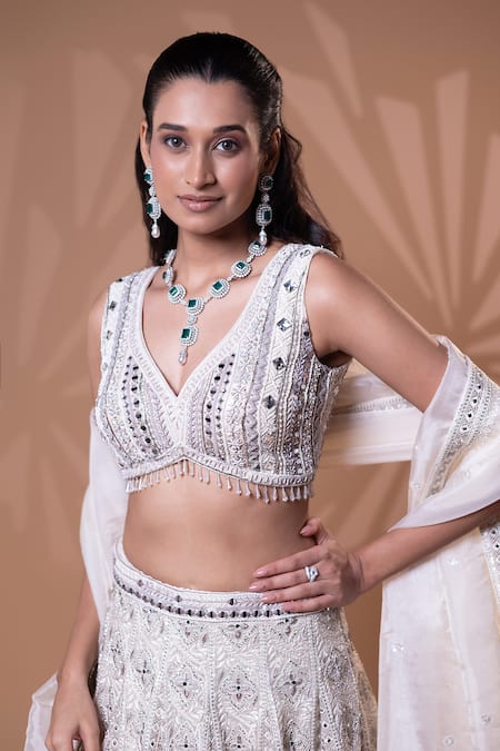 Shop_Jiya by Veer Design Studio_Off White Organza, Net Embroidery, Mirrors, Beads, Ivory Embellished Lehenga Set _Online_at_Aza_Fashions