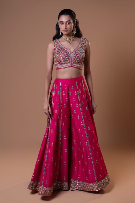 Jiya by Veer Design Studio Rani Pink Embroidered Blouse With Palazzo 
