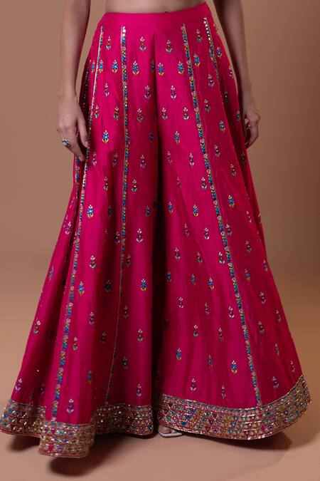 Jiya by Veer Design Studio_Pink Tussar Embroidery, Mirrors, Beads, Tassels, Rani Blouse With Palazzo _Online_at_Aza_Fashions
