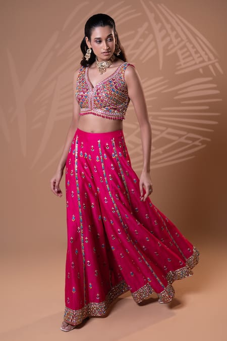 Buy_Jiya by Veer Design Studio_Pink Tussar Embroidery, Mirrors, Beads, Tassels, Rani Blouse With Palazzo _Online_at_Aza_Fashions