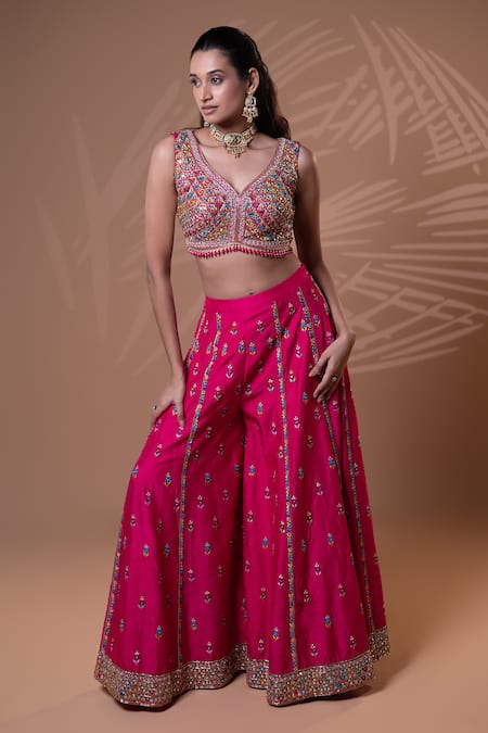 Shop_Jiya by Veer Design Studio_Pink Tussar Embroidery, Mirrors, Beads, Tassels, Rani Blouse With Palazzo _Online_at_Aza_Fashions