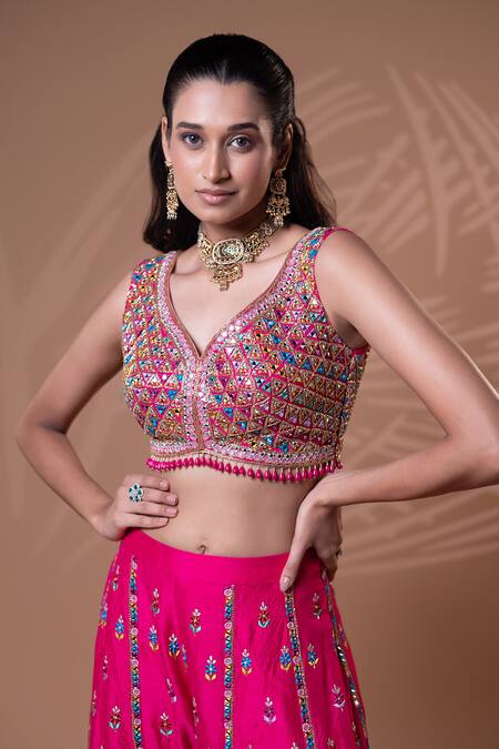 Jiya by Veer Design Studio_Pink Tussar Embroidery, Mirrors, Beads, Tassels, Rani Blouse With Palazzo _at_Aza_Fashions