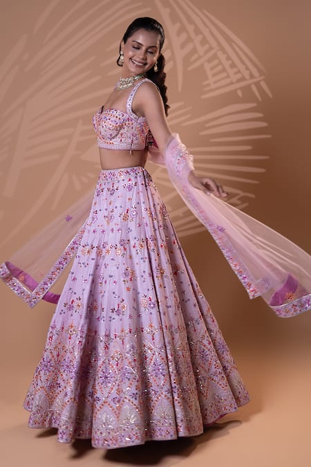 Jiya by Veer Design Studio_Purple Silk, Net Sequins, Embroidery Sweetheart Neck Lilac Lehenga Set _Online_at_Aza_Fashions