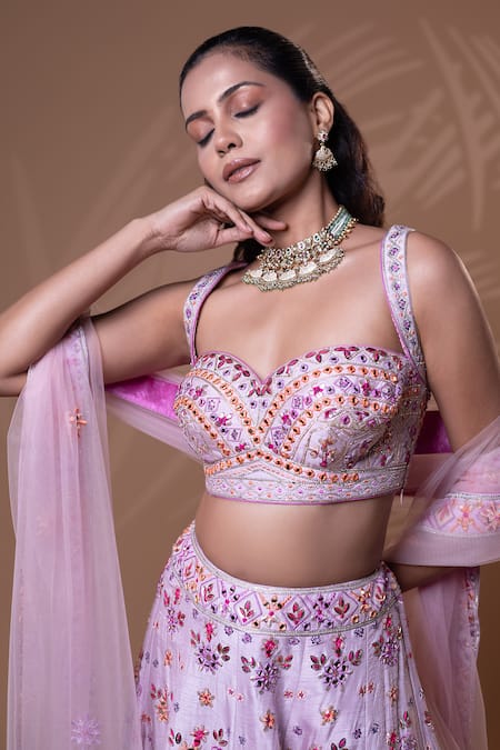 Buy_Jiya by Veer Design Studio_Purple Silk, Net Sequins, Embroidery Sweetheart Neck Lilac Lehenga Set _Online_at_Aza_Fashions